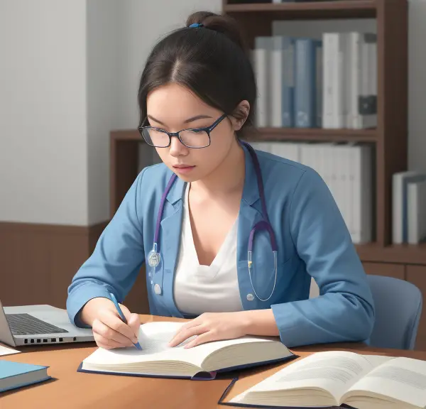 A female doctor working at a desk with a laptop.