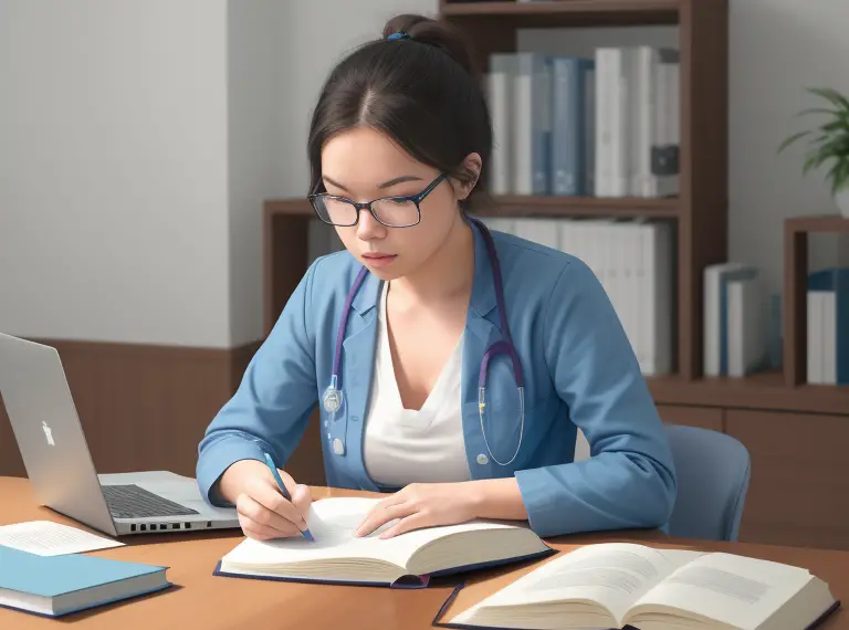 A female doctor working at a desk with a laptop.