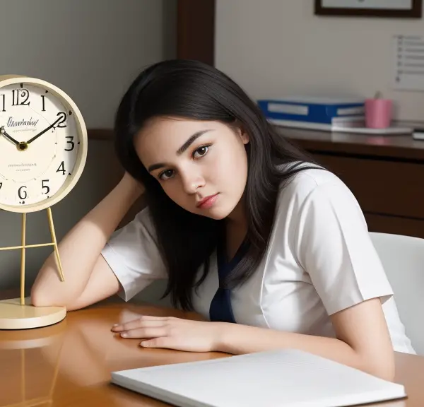 A young woman sitting at a desk with a clock, wondering how long the NCLEX RN Exam is.