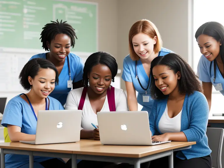 A group of women working on laptops in a classroom, focused and engaged in their studies.