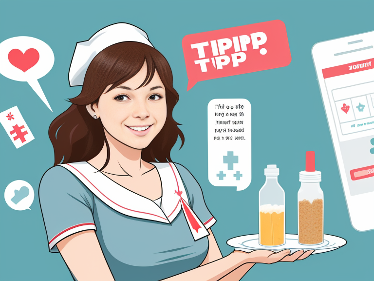 An illustration of a nurse holding a tray of medicine, focusing on the topic of tipping IV nurses.