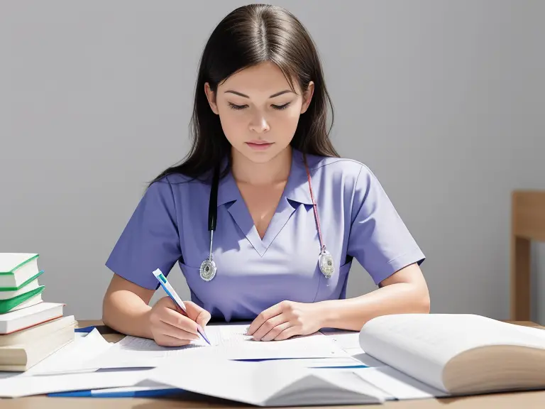 A nurse is sitting at a desk and writing on a piece of paper.