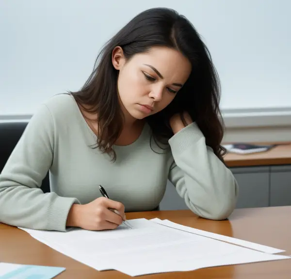 A woman is sitting at a desk and writing on a piece of paper.