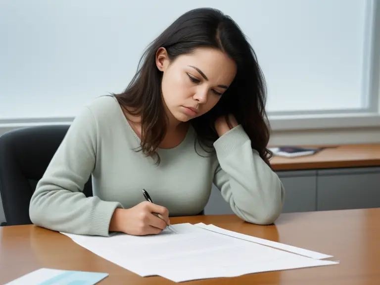 A woman is sitting at a desk and writing on a piece of paper.