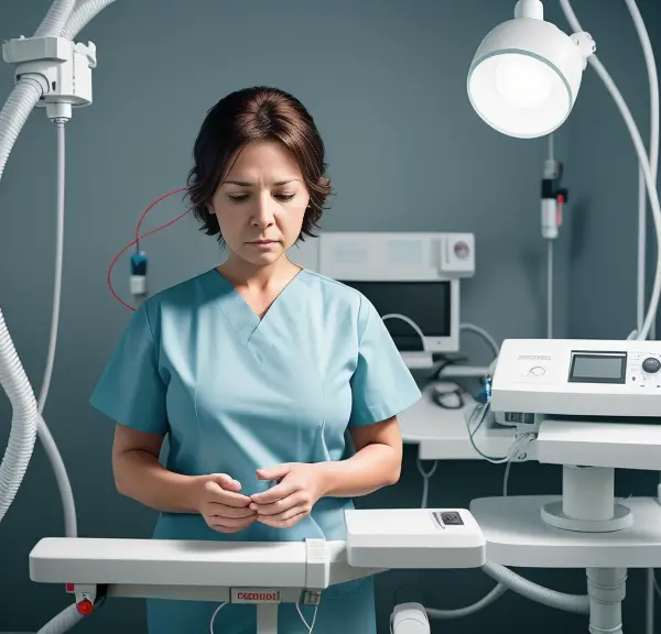 A female nurse in a medical room specializing in endoscopy procedures.