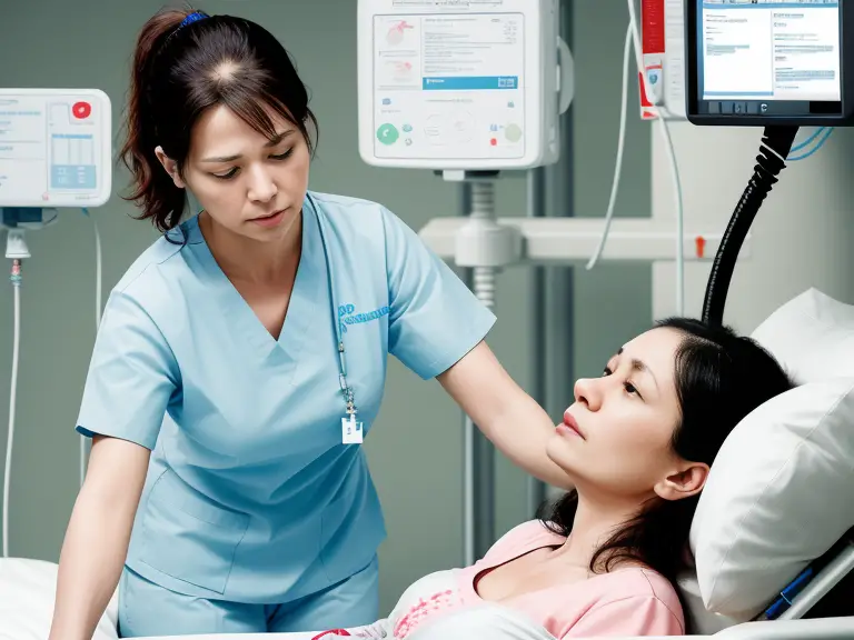 A woman in the intensive care unit (ICU) nursing bed.