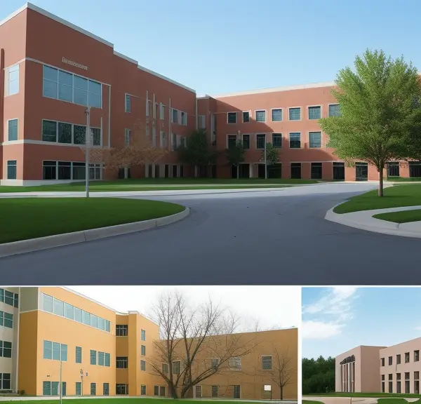 Three different pictures featuring a building surrounded by trees and grass.