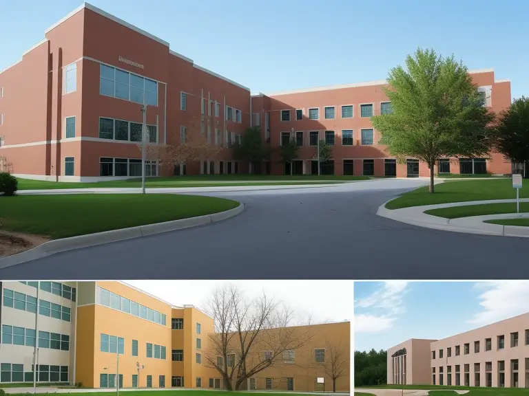 Three different pictures featuring a building surrounded by trees and grass.