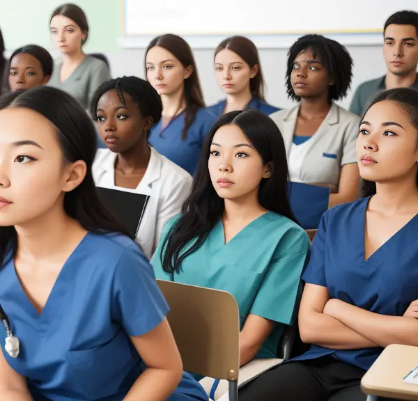 A group of nurses sitting in a classroom, recording nursing school lectures.