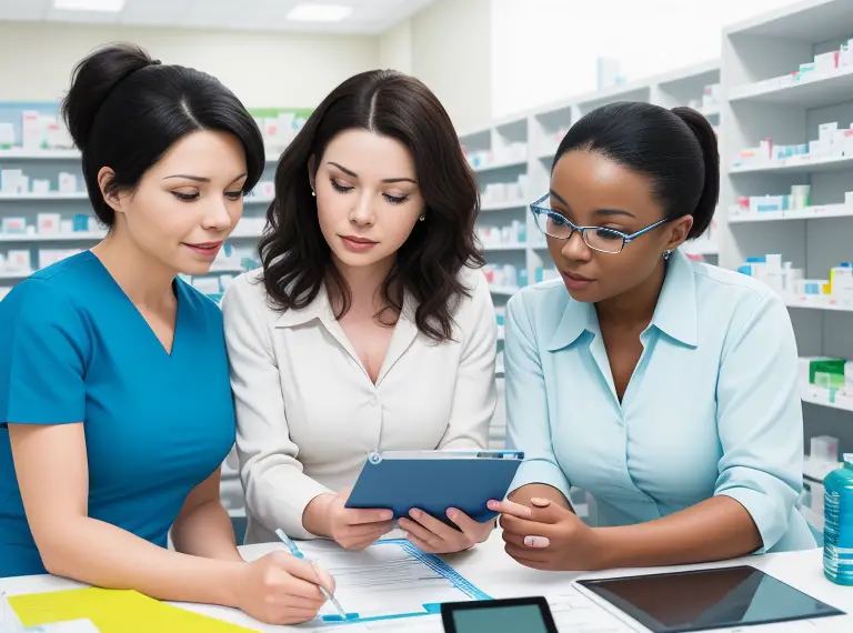 Three pharmacists looking at a tablet in a pharmacy.