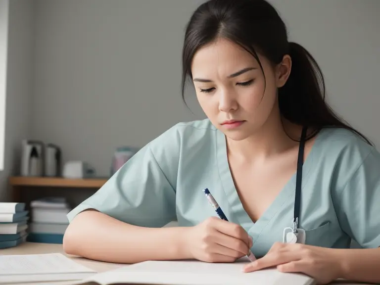 A nurse is writing in a notebook.