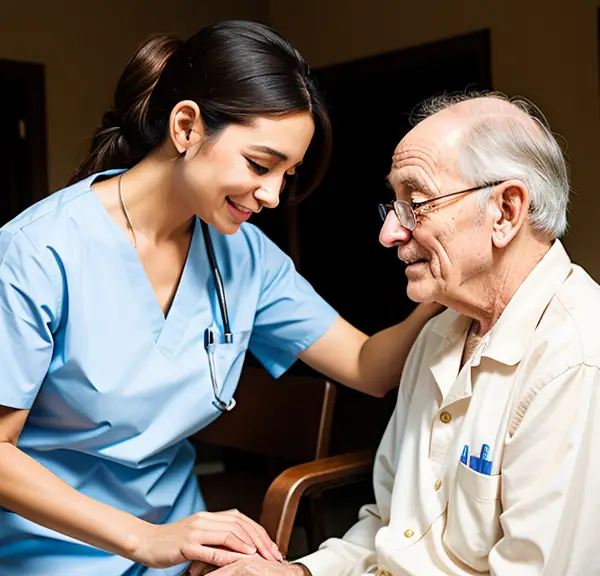 A PCNA is conversing with an elderly man.