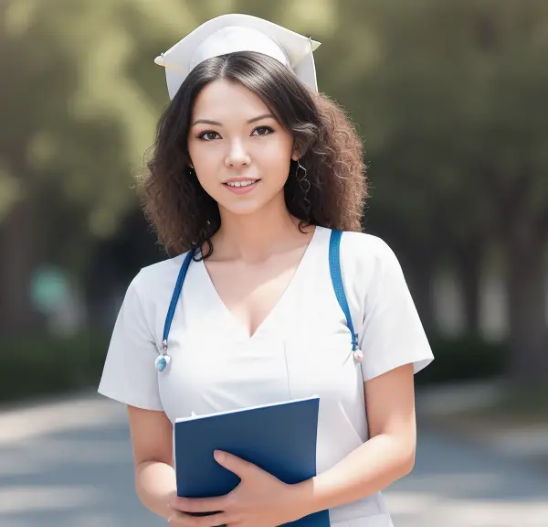 A female nurse standing on a street holding a document folder, contemplating alternative career paths without a nursing license.