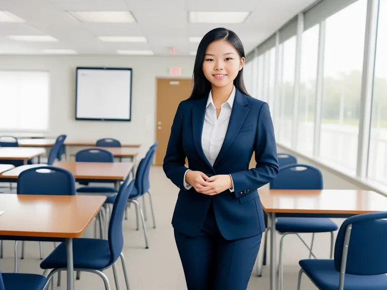 A young asian woman in a business suit attending a nursing school orientation.