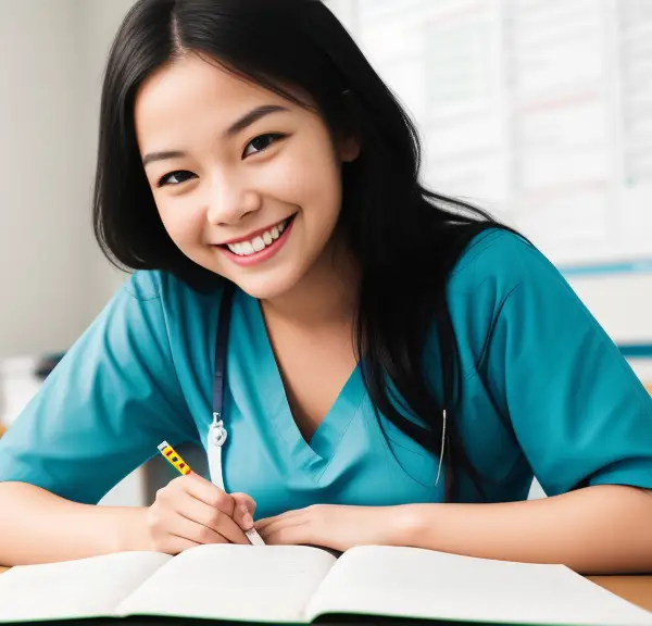 A smiling asian nurse writing in a notebook.