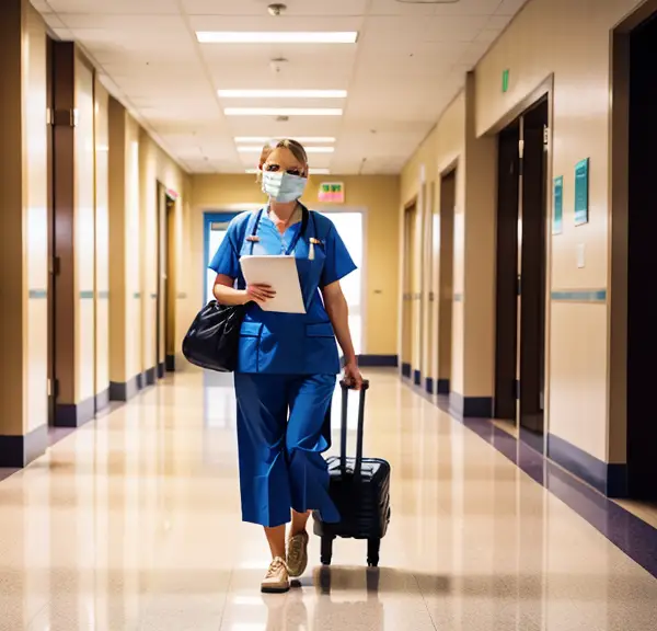 A travel nurse wearing a mask walks down a hallway.