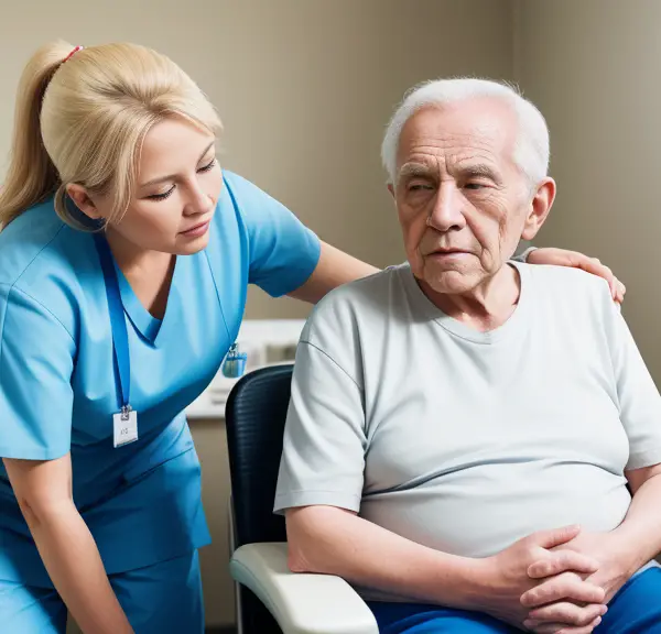 A nurse is discussing the meaning of the term "continent" with an elderly man in a wheelchair.