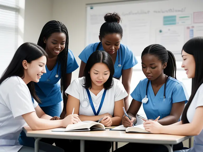 A group of nursing student sitting around a table discussing nursing prerequisites.