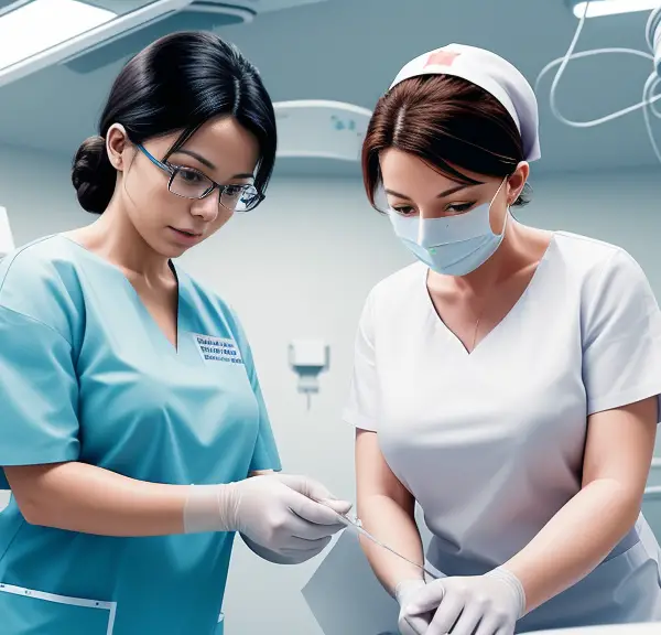 Two nurses working in an operating room.