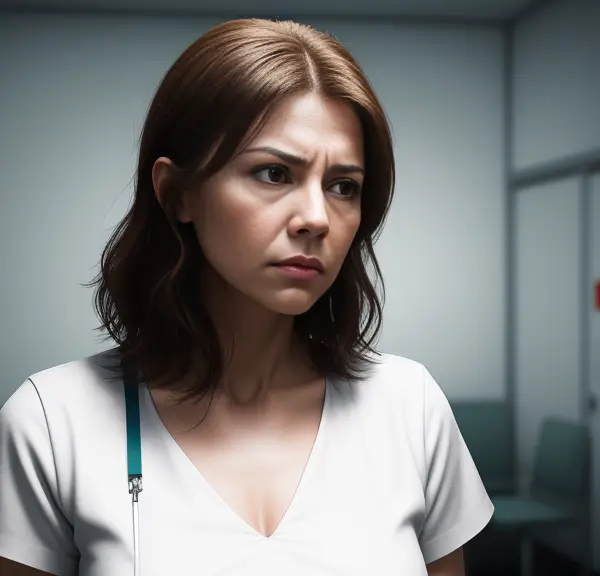 A woman in a white shirt is standing in an empty room.