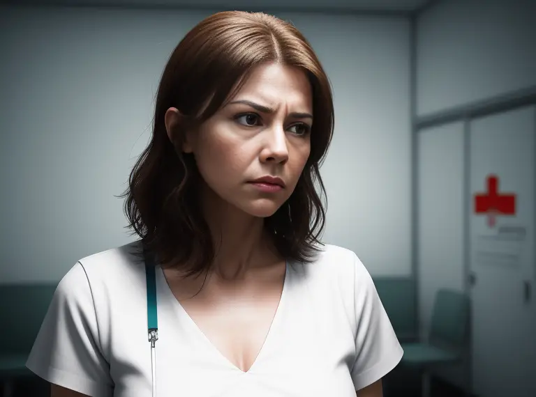 A woman in a white shirt is standing in an empty room.