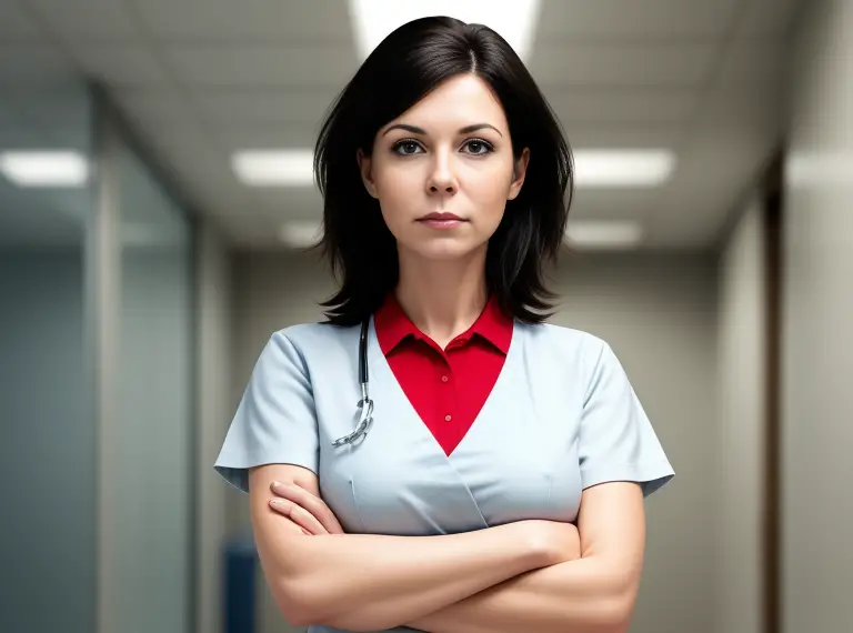 A nurse standing in a hallway with her arms crossed.