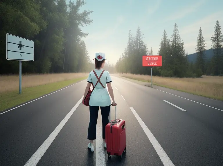 A woman is walking down a road with a red suitcase.