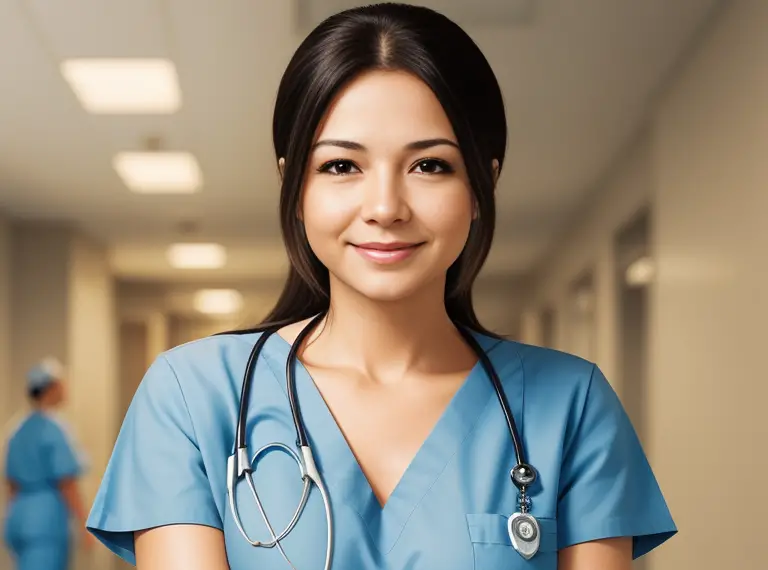 A nurse is standing in a hospital hallway.