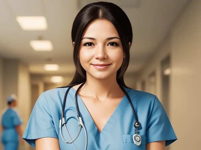 A nurse is standing in a hospital hallway.