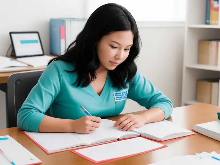 An asian woman writing in a notebook at a desk.