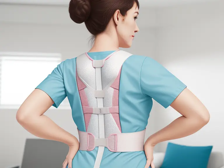 A woman with a herniated disc wearing a back brace in a room.