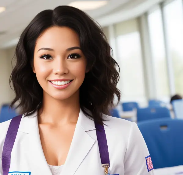 A young woman in a white coat is smiling in a classroom.