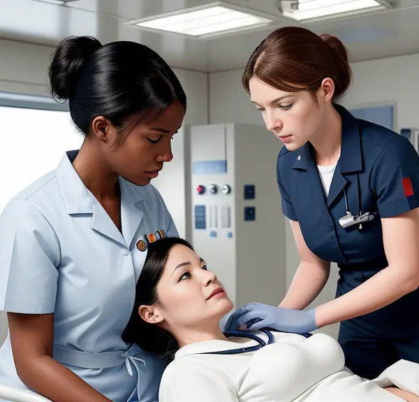 A nurse is examining a woman in a hospital bed.