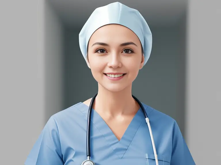 A female nurse wearing a scrub cap and stethoscope.