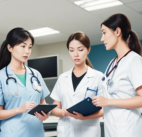 A group of doctors discussing the intersection of nursing and science in a hospital.