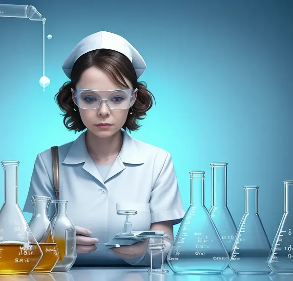 A woman in a lab coat and glasses is looking at a beaker.