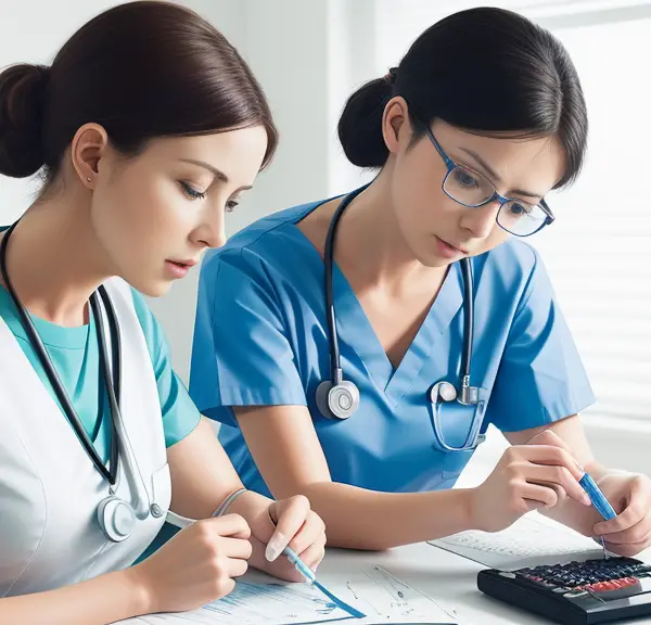 Two nurses using a calculator to apply math in their work.