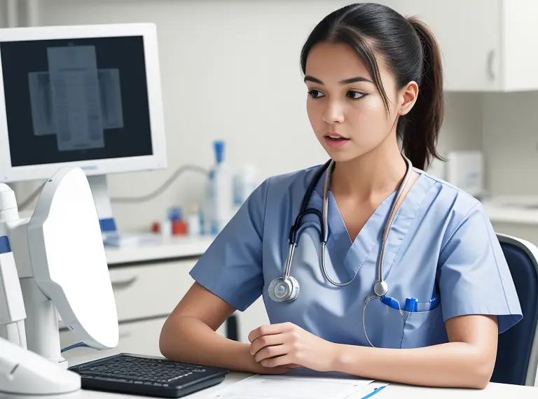 A female nurse sitting at a desk with a stethoscope and discussing clinical hours for nursing school.