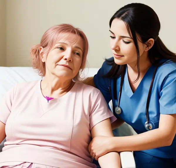 A nurse is talking to an elderly woman on a bed.