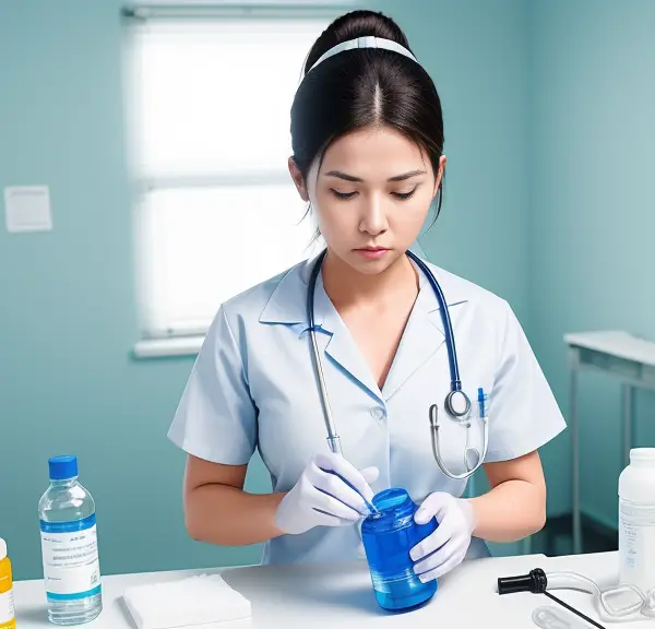 A nurse is preparing a bottle of medicine for administration.