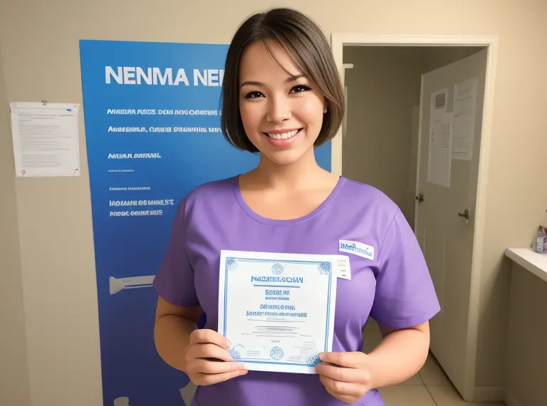 A woman holding a certificate in a purple shirt.