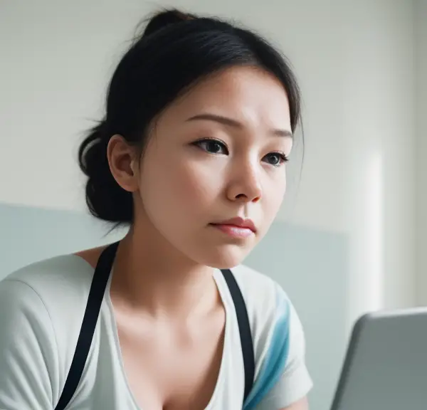 A young woman looking at her laptop.