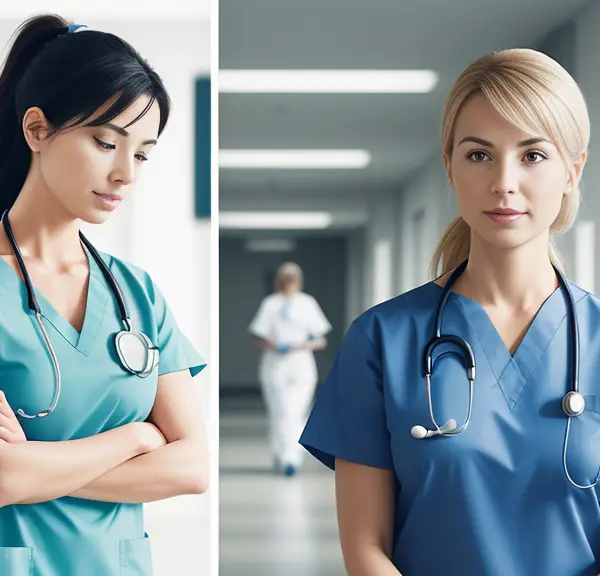 Two women in scrubs standing next to each other in a healthcare setting.