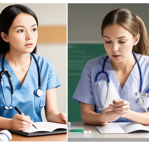 Comparing OTA school and nursing school difficulty levels based on two images of a female nurse with a stethoscope and notebook.