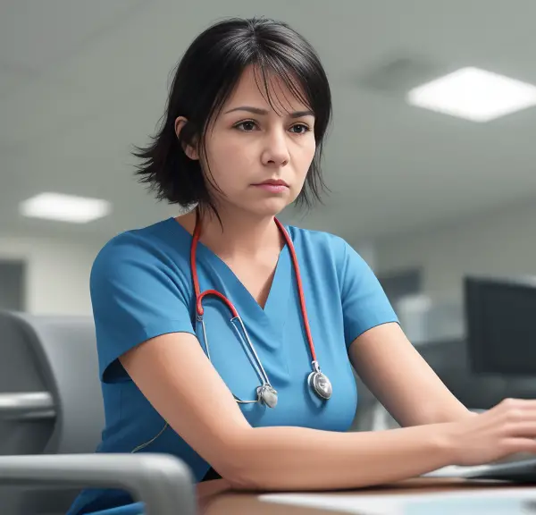 A nurse sitting at a desk with a laptop.