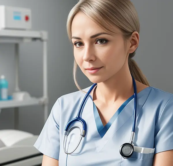 A wound care nurse is sitting in a hospital room.