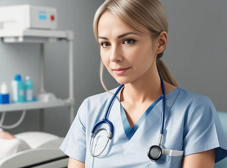 A wound care nurse is sitting in a hospital room.