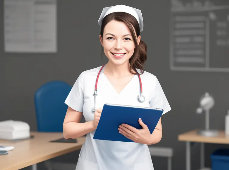 A female nurse holding a clipboard in an office.