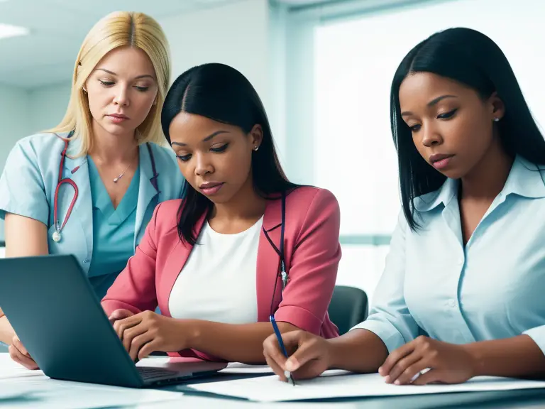 A group of medical professionals working on a laptop.