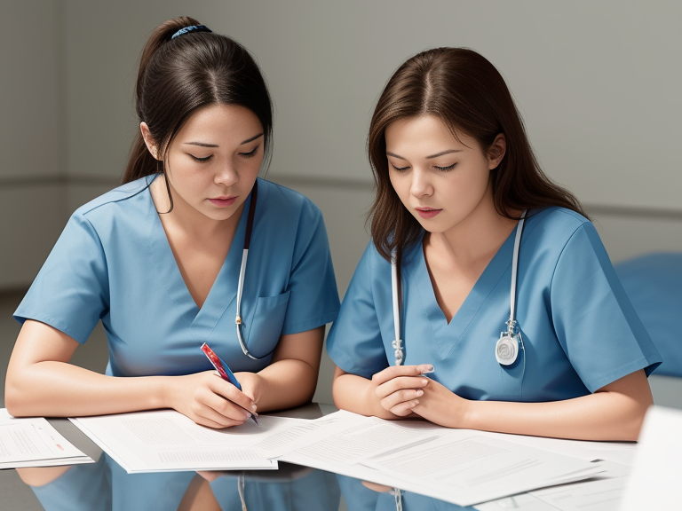 Two nurses in scrubs discussing the meaning of 'Sub Status Denied' on your nursing license.